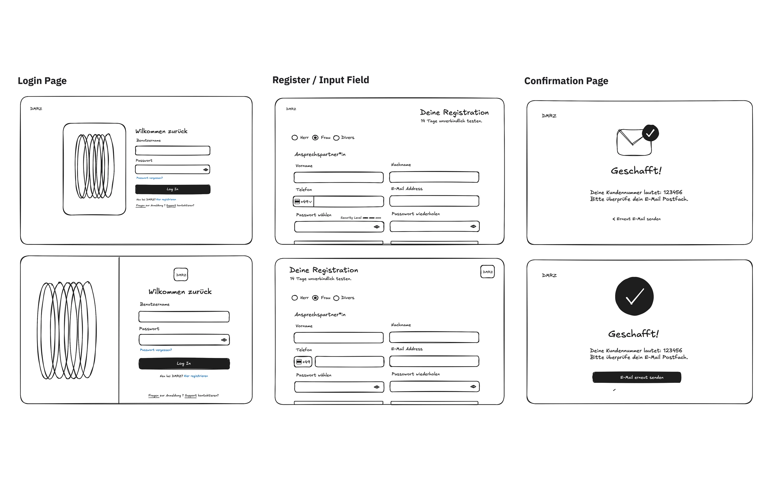 Low fidelity sketches: two versions each of the login page, registration form, and confirmation page