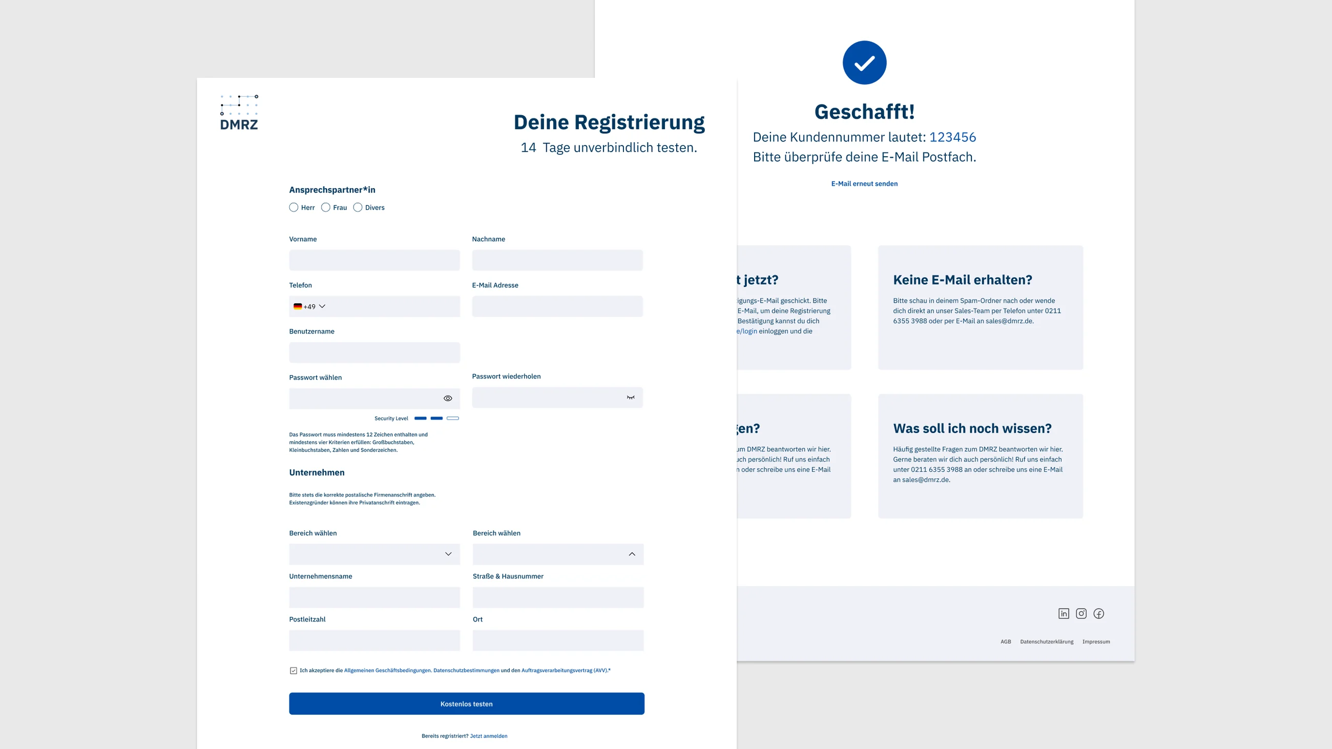 High fidelity screens: the redesigned registration form and confirmation page