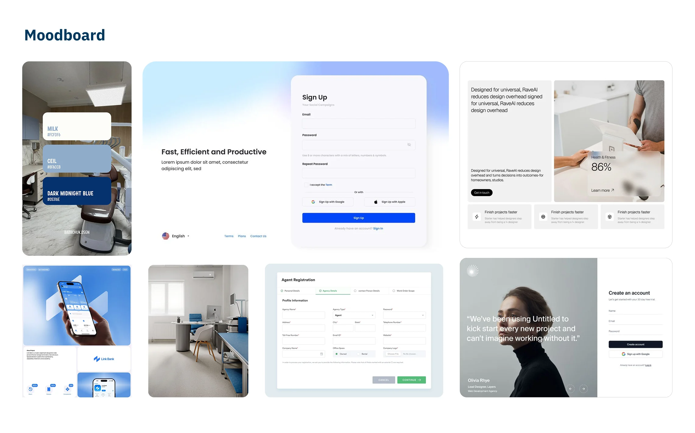Moodboard with visual inspiration for clean login and registration interfaces
